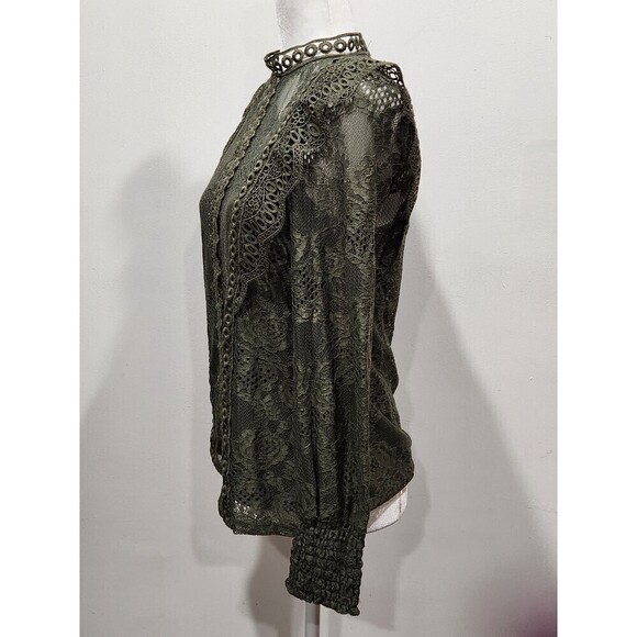 Nwt Cable & Gauge Olive Green Lace Mock Neck Long Sleeve Blouse, S - Picture 4 of 13